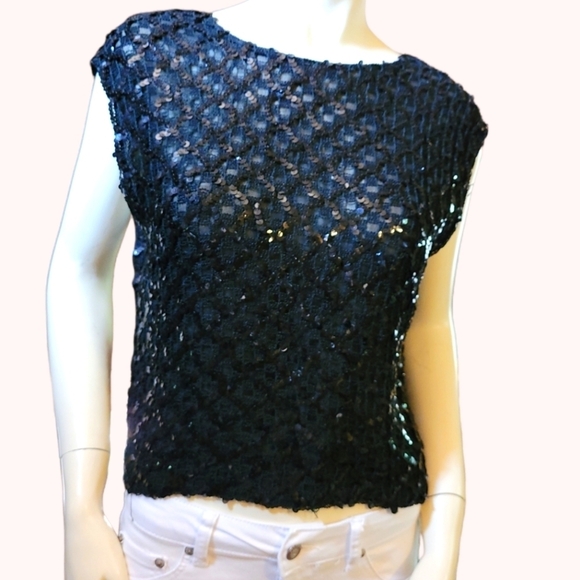 Vintage* Sequined Sleevless Top* Black* Sz L - Picture 1 of 5
